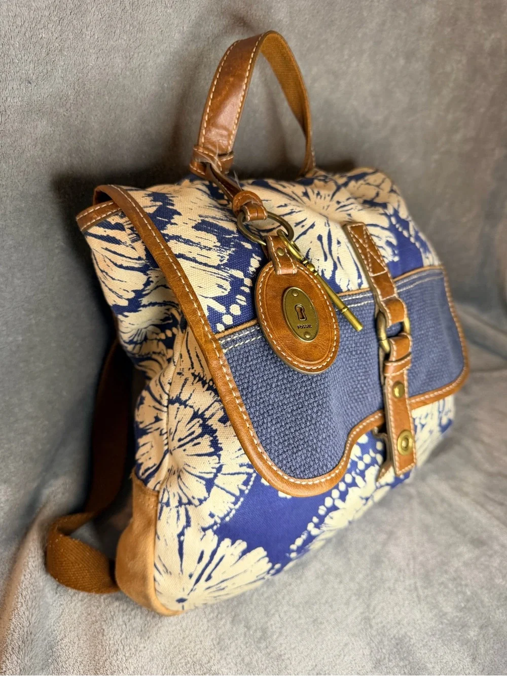 Fossil Blue and Cream Floral Canvas Backpack with Brown Leather Trim